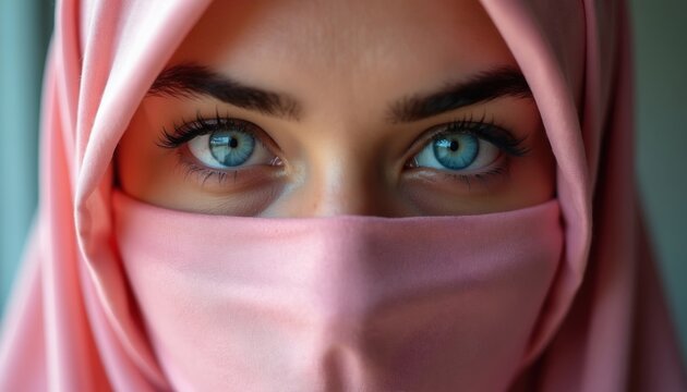 Close up of Muslim woman bright blue eyes seen through a pink niqab veil. Her gaze is direct, conveying a sense of mystery and inner beauty.