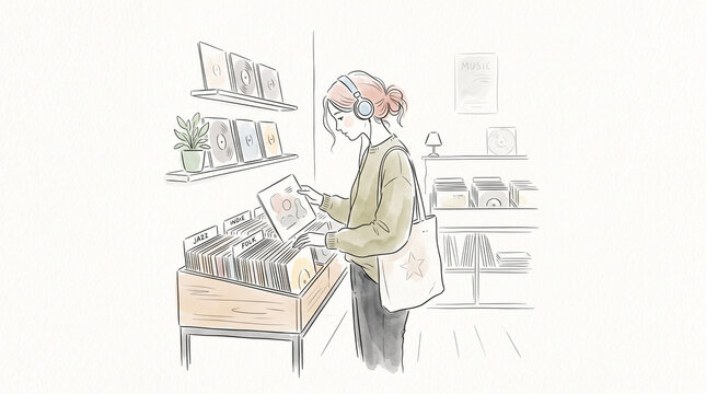 Girl browsing record store with headphones in cozy interior  