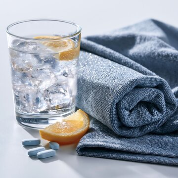 Glass of iced water with lemon, electrolyte tablets and cooling towel for hydration during extreme summer heat, supporting heatwave recovery, sports wellness and healthy lifestyle concepts