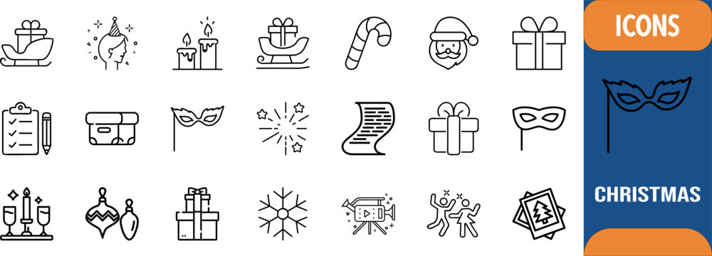Christmas holiday celebration party icons. santa icon set, gift icon set, mask icon set
