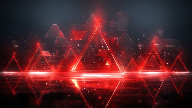 Bright red triangles with reflections create a striking pattern in digital art landscape