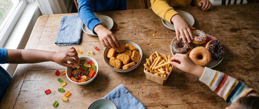 Children sharing junk food nuggets donuts and gummy candies at home table