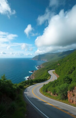 Naklejka premium Winding road stretches along steep green mountainside overlooking deep blue Atlantic ocean. Scenic Cabot Trail highway follows coastal cliffs in Nova Scotia Canada. Summer landscape features rocky
