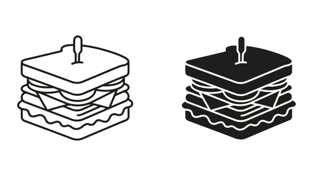 Gourmet club sandwich icon with toothpick garnish in linear and solid black vector styles for restaurant menu design and food delivery app interface on a clean white background