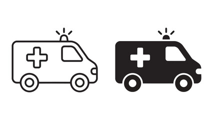 Fototapeta premium Ambulance emergency icon set showing medical van with siren in outline and solid black styles for healthcare and hospital mobile application user interface design