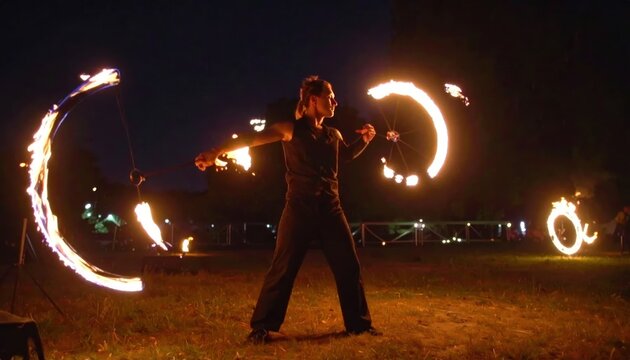 Man performing fire poi spinning during a night show.