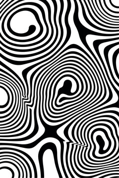 Abstract op art black and white wavy line background. Optical illusion monochrome curved line distortion texture. Psychedelic black and white hypnotic organic line pattern. 