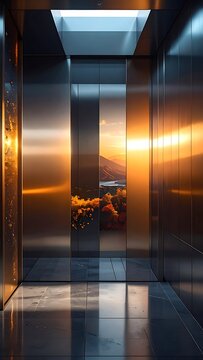 Modern elevator interior with sunset reflection.