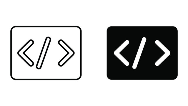Programming code tags icon set in outline and solid black style for software development and coding concept vector graphics isolated on white background for web design and tech documentation