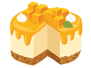 Mango Cheesecake Slice with Tropical Fruit Topping and Biscuit Crust © Thidarat