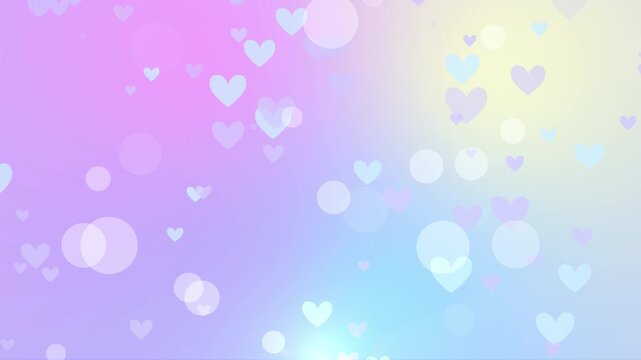パステルカラーのグラデーション背景に可愛いハートと丸ボケが煌めくループ動画｜Cute hearts and blurry lights floating on pastel gradient background seamless loop 4K