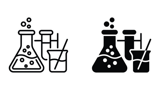 Science beaker and flask with bubbles outline and solid black vector chemical icons