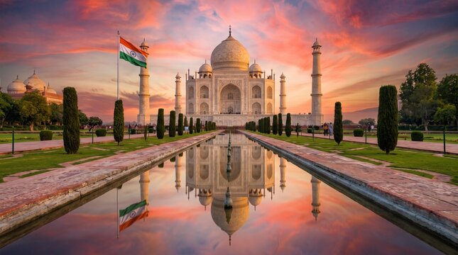 Indian national flag at Taj Mahal monument with water reflection during golden hour sunset