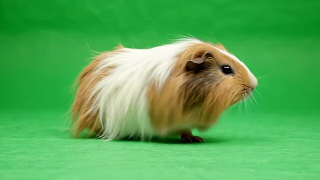 Adorable fluffy guinea pig running across a bright green screen background for chroma key compositing in post production
