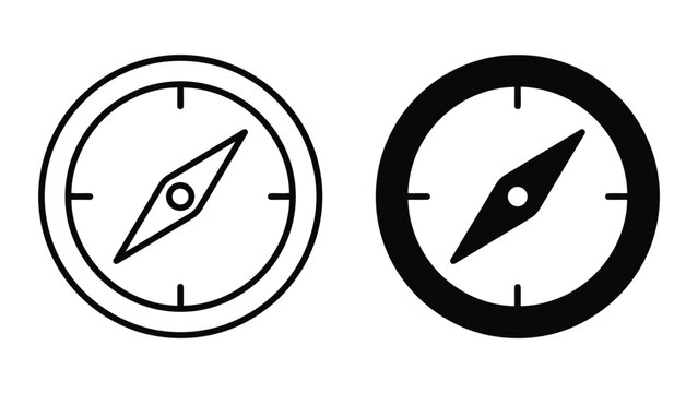 Navigation compass tool icon set featuring clean flat linear and solid black vector graphics for travel geography mapping and outdoor adventure mobile applications or website interface design