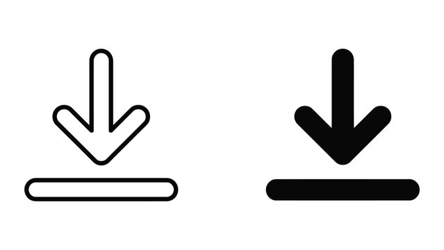 Download icon set showing arrow pointing down to a line in outline and solid black styles for web interface and file transfer software design