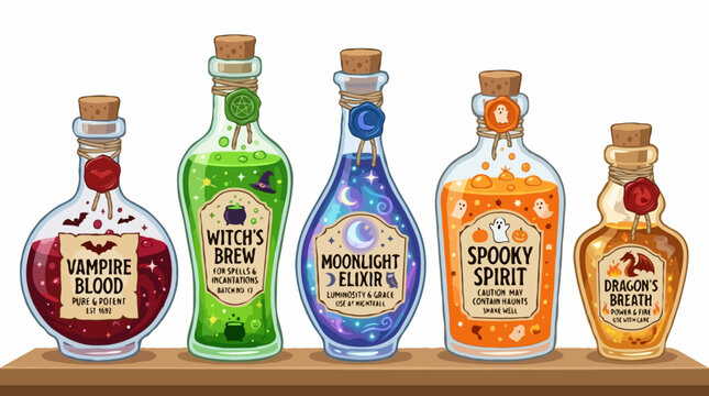 Five magical potion bottles filled with colorful liquids, each with unique labels for Halloween festivities, sit on a wooden shelf
