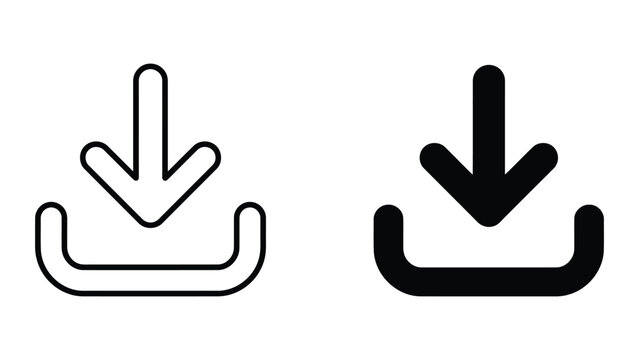 Download box icon set with arrow pointing into a container in outline and solid black styles for user interface design and digital file management systems
