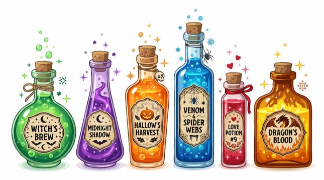 Set of colorful potion bottles for Halloween, with labels for Witch's Brew, Midnight Shadow, Halloween's Harvest, Venom & Spider Webs, Love Potion, and Dragon's Blood