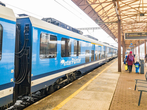 Czech Railways CD InterPanter train stopped at the platform of Svitavy railway station with passengers in Czechia.