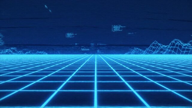 Retro blue digital grid landscape with glitch effect and horizon