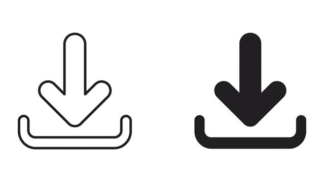 Download arrow icon set with rounded bracket base in minimalist outline and solid black graphic styles for file download interface buttons for modern websites and mobile applications