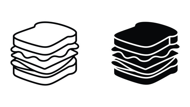 Layered sandwich food vector icon set featuring outline and solid black styles for restaurant menu and food delivery mobile application UI design isolated on white background