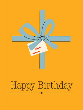 Happy Birthday Greeting Card with Gift Box and Ribbon in Minimal Style