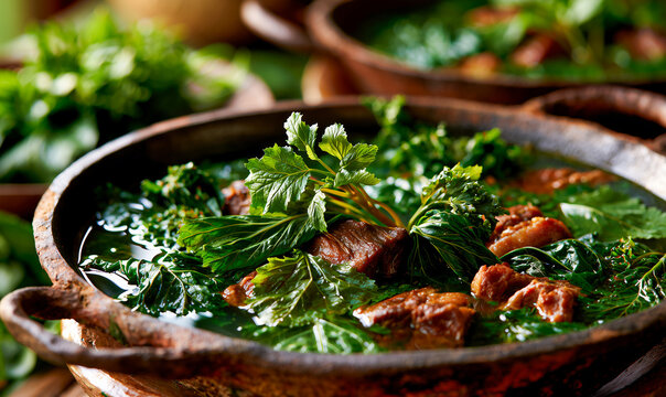 Traditional Malagasy romazava meat stew with leafy greens in iron pot