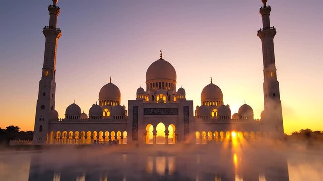 Sheikh Zayed Grand Mosque at sunset with golden light and mist