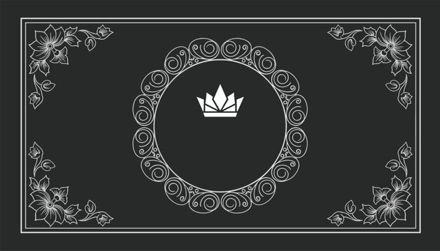Elegant vintage style invitation card background with floral corner elements and a royal crown inside a circular lace frame.