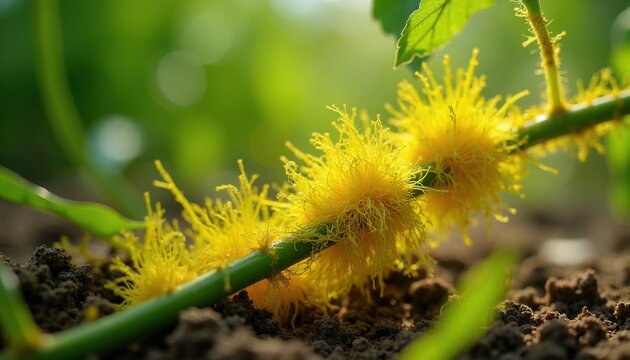 Yellow dodder parasitic vine coils around green plant stem in garden soil. Close up macro view shows bright golden flowering parasite climbing on stalk. Wild botanical organism grows in summer forest