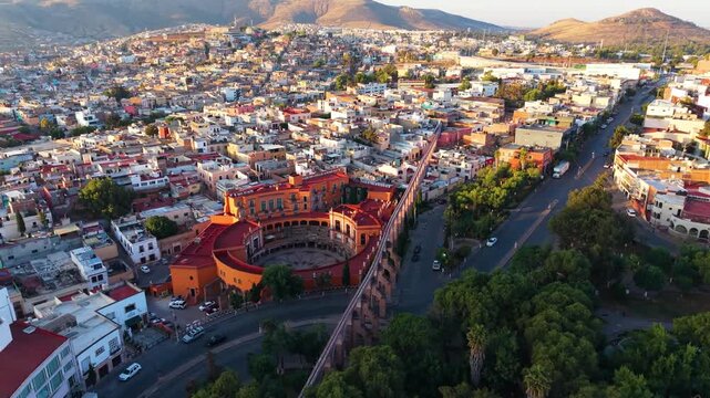 An aerial perspective revealing the unique circular structure of the Hotel Quinta Real, built inside a historic bullfighting ring.