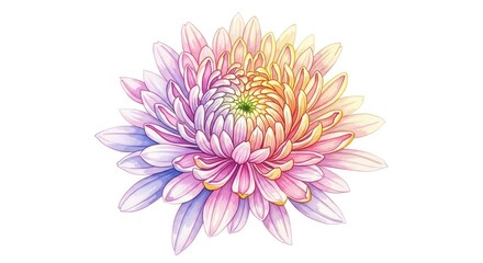 Obraz premium A soft watercolor painting of a single chrysanthemum flower with intricate, layered petals in pastel tones, isolated on a white background, art, vibrant, hand-painted