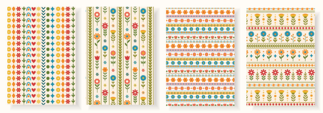 Scandinavian folk seamless pattern collection with retro flowers, stripes, rainbows and Nordic ornaments. Colorful floral backgrounds for fabric, wallpaper, wrapping paper, textile and surface design.