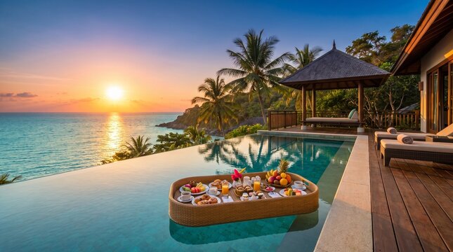 Luxury infinity pool with floating breakfast basket at tropical resort villa overlooking ocean sunset