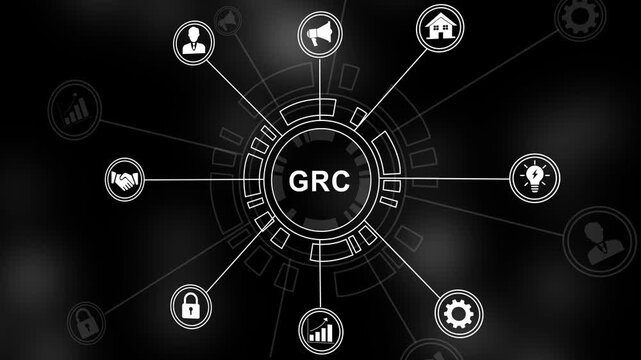 Governance risk and compliance grc digital infographic motion featuring interconnected business and corporate strategy network nodes for enterprise risk management presentations