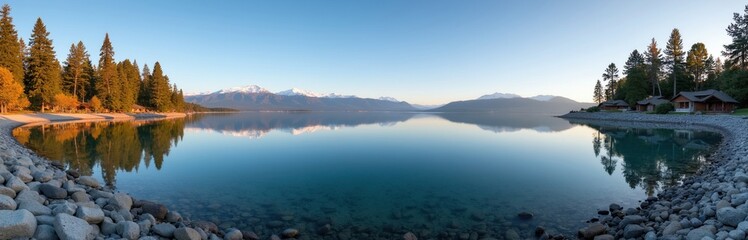 Fototapeta premium Panoramic view of Payette Lake at dawn. Mountains reflect in calm water. Trees and cabins line the rocky shore. Early morning light illuminates the tranquil Idaho landscape.