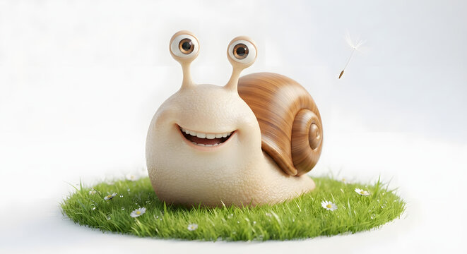 Happy cartoon snail with brown wooden spiral shell on green lawn isolated on white background, 3D rendering