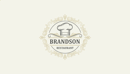Fototapeta premium Elegant restaurant logo for Brandson featuring a classic chef hat sketch enclosed in an ornate gold circular foliage frame.