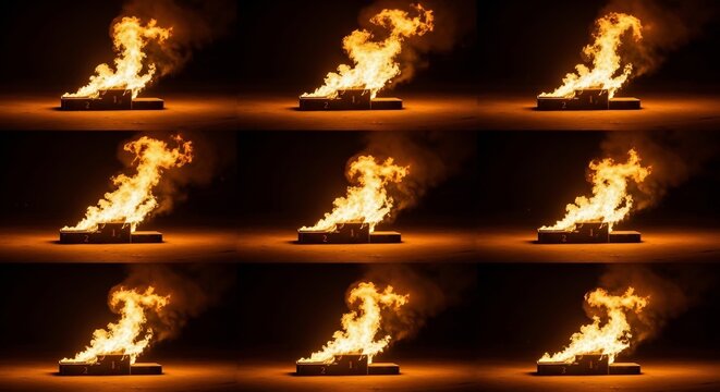 Grid of animated campfire sequence frames for visual effects.