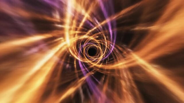 Abstract tunnel vortex with swirling golden and purple light beams