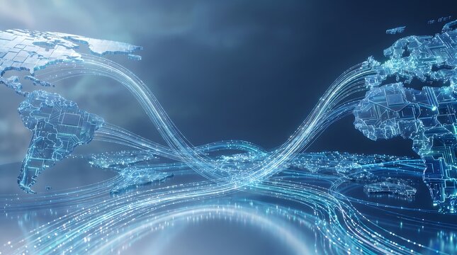 Digital connectivity across continents, global network of data transfers, illuminated circuits on world map, high-tech communication.