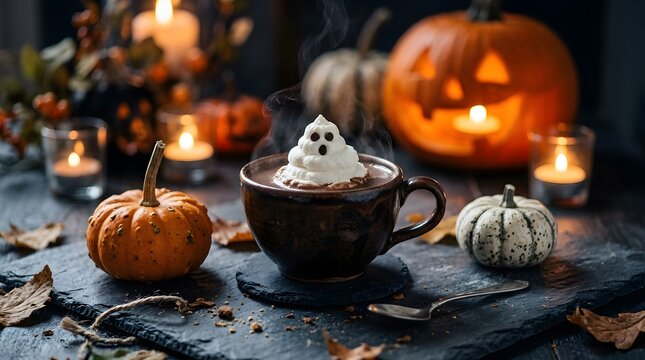 Happy halloween cozy hot cocoa with ghost marshmallow and pumpkin decorations
