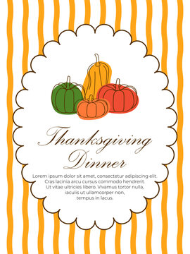 Thanksgiving Dinner invitation template featuring colorful outline pumpkins inside a scalloped frame, placeholder text, and an orange striped background