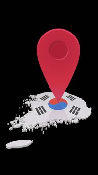 Loopable animation of a map pin bouncing on South Korea 3D map. Travel navigation concept. Chroma key green screen with alpha channel. (loopable)