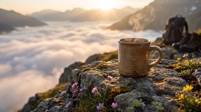 Steaming hot coffee mug on rocky mountain peak overlooking a beautiful sea of clouds at golden sunrise