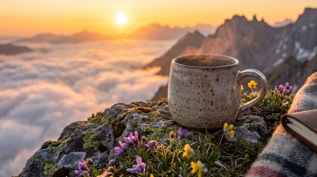 Steaming hot coffee mug on a rocky alpine peak with flowers overlooking a majestic sea of clouds at sunrise