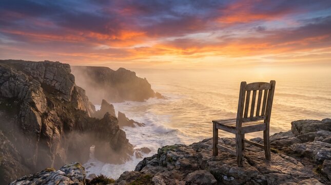 Loneliness Concept with Empty Wooden Chair on Rocky Cliff Edge Overlooking Moody Ocean Waves at Dramatic Sunset Landscape