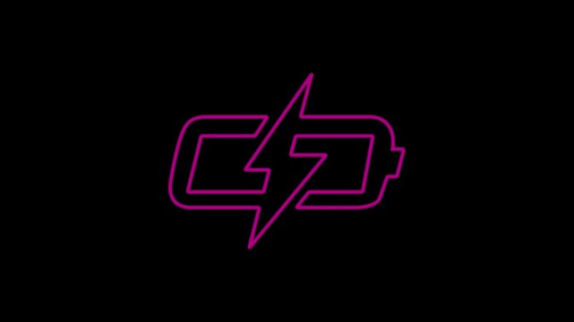 Pink neon battery charging icon glowing against dark background sign energy